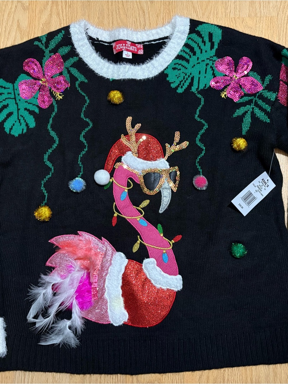 Jollidays ladies LG Black Flamingo Holiday Sweater with Pink & Green Accents